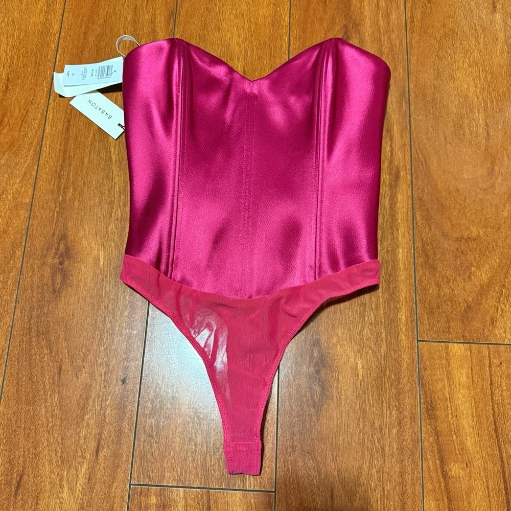 Babaton Fuchsia Strapless Satin One-Piece Bodysuit